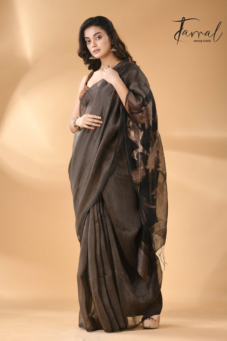 Silk Linen Handwoven Jamdani Saree in charcoal black color2