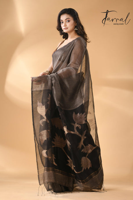Silk Linen Handwoven Jamdani Saree in charcoal black color4
