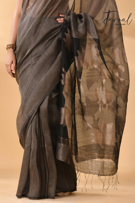 Silk Linen Handwoven Jamdani Saree in charcoal black color bottom