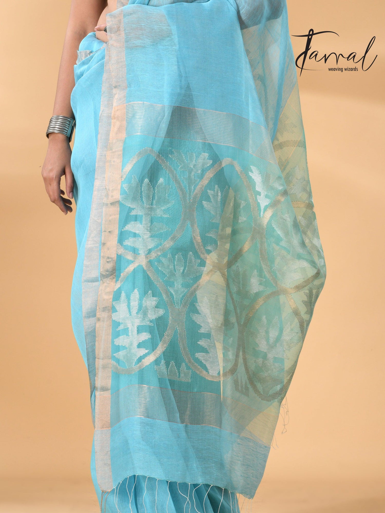 Sky Blue With Lotus Pallu Silk Linen Handwoven Jamdani Saree bottom