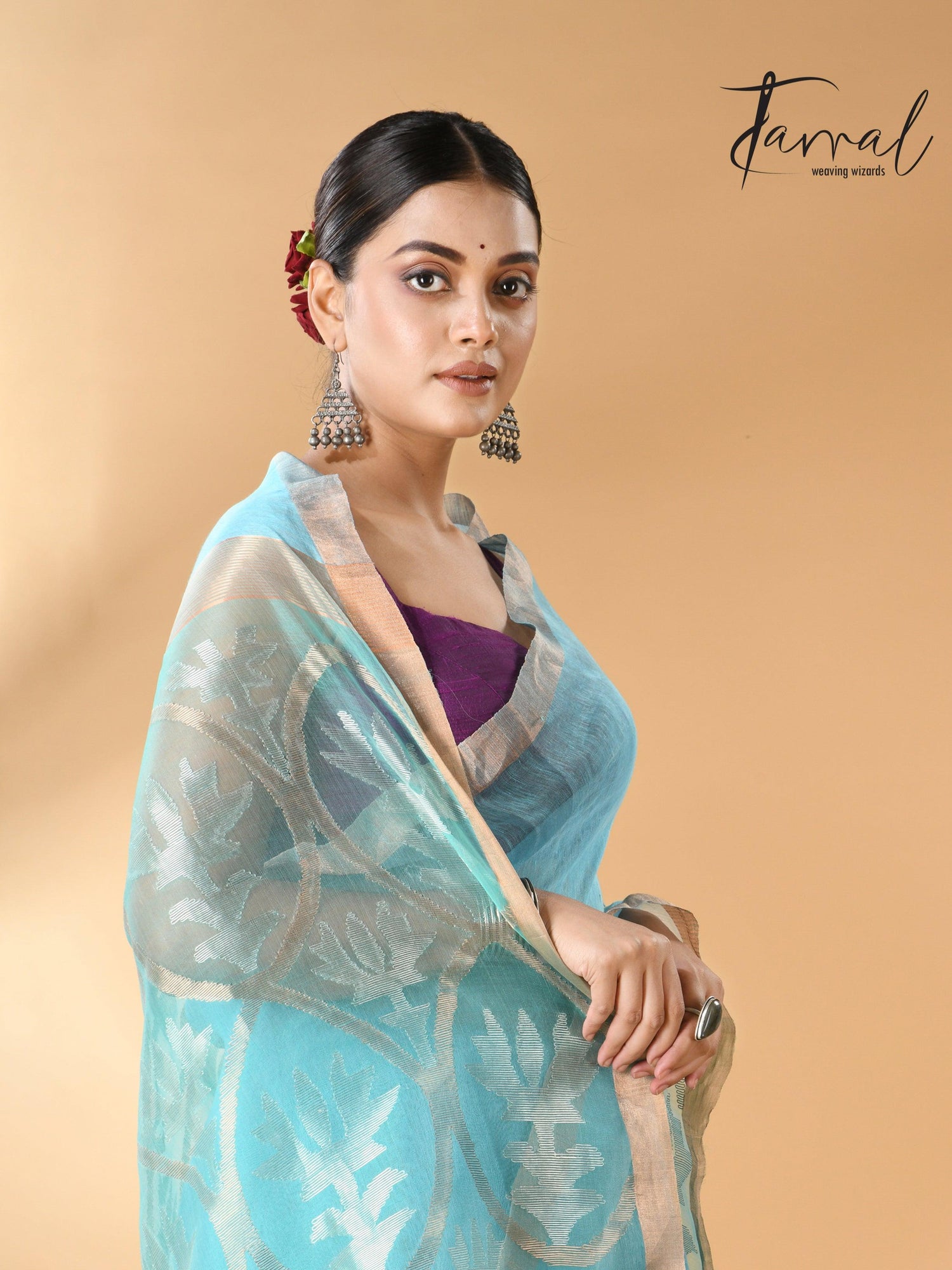 Sky Blue With Lotus Pallu Silk Linen Handwoven Jamdani Saree cls