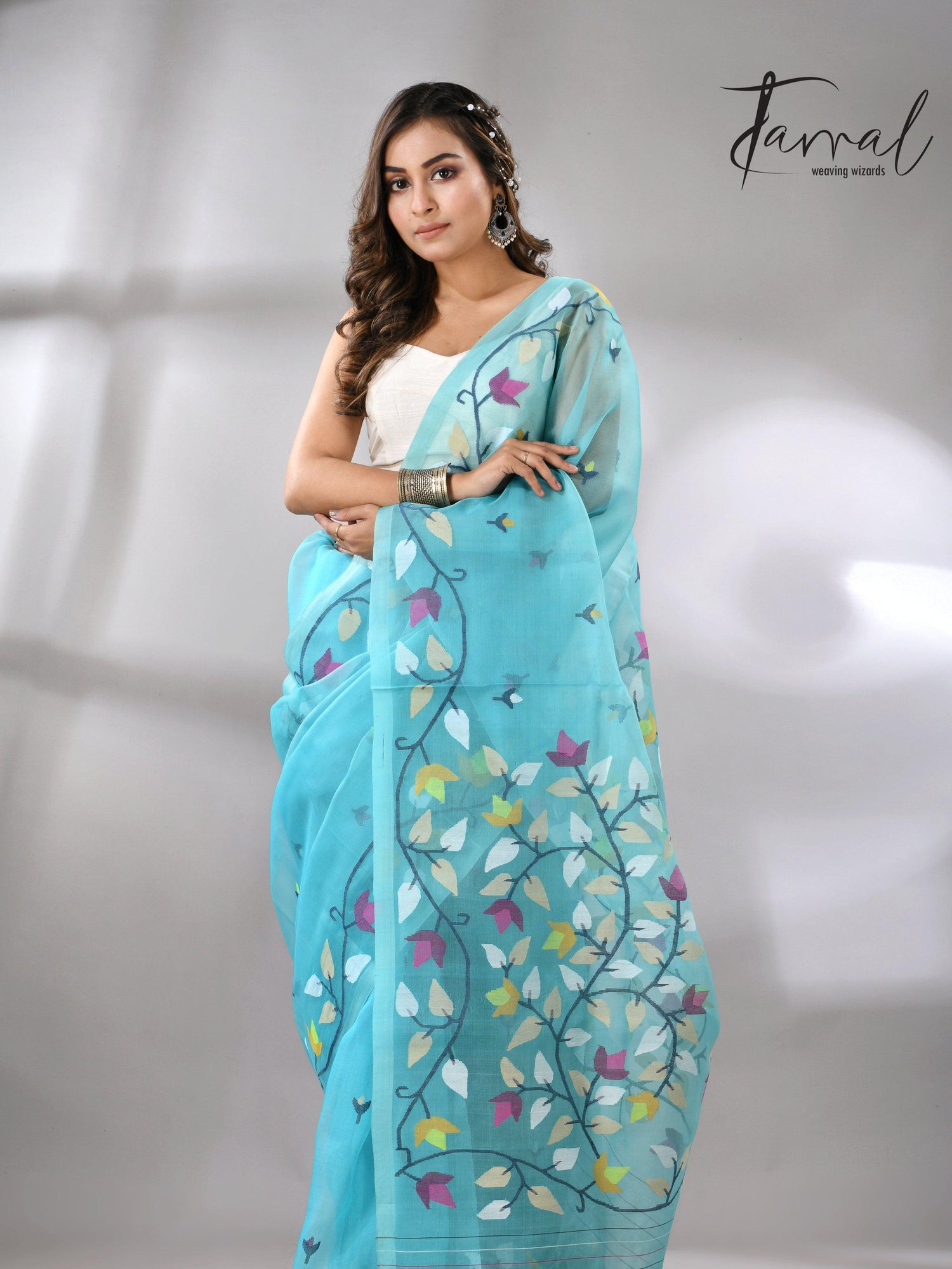Sky Firoza with muslin silk floral handwoven jamdani saree