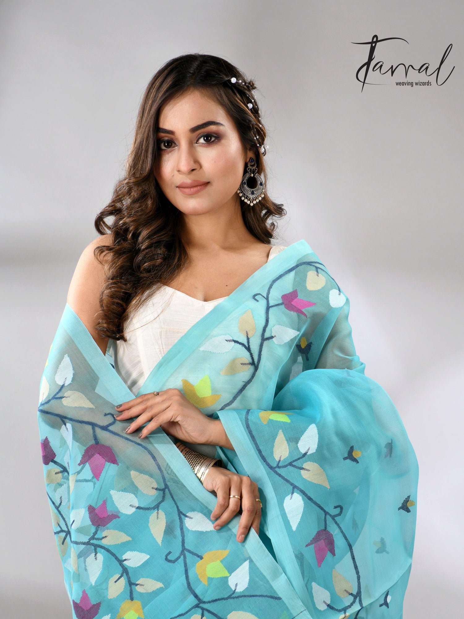 Sky Firoza with muslin silk floral handwoven jamdani saree full
