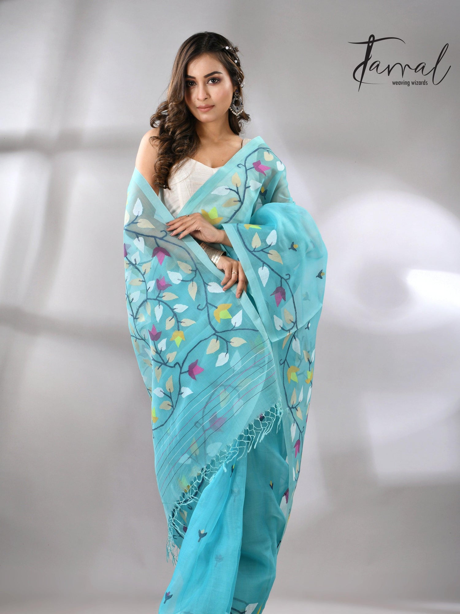 Sky Firoza with muslin silk floral handwoven jamdani saree full5
