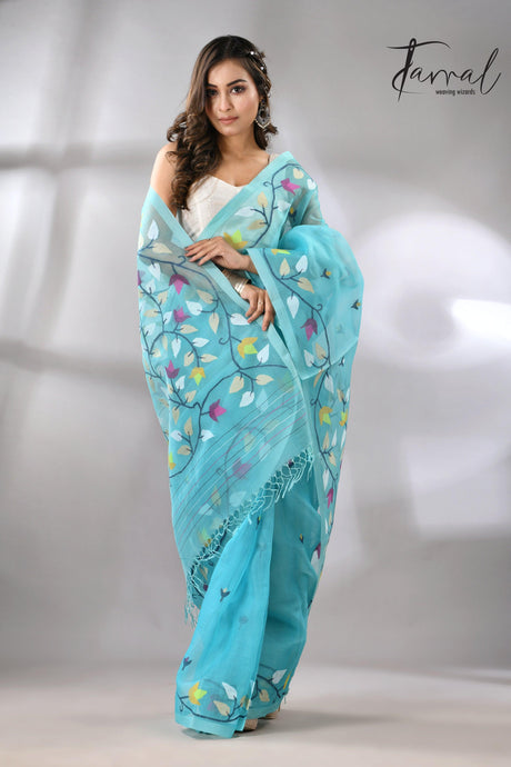 Sky Firoza with muslin silk floral handwoven jamdani saree full5