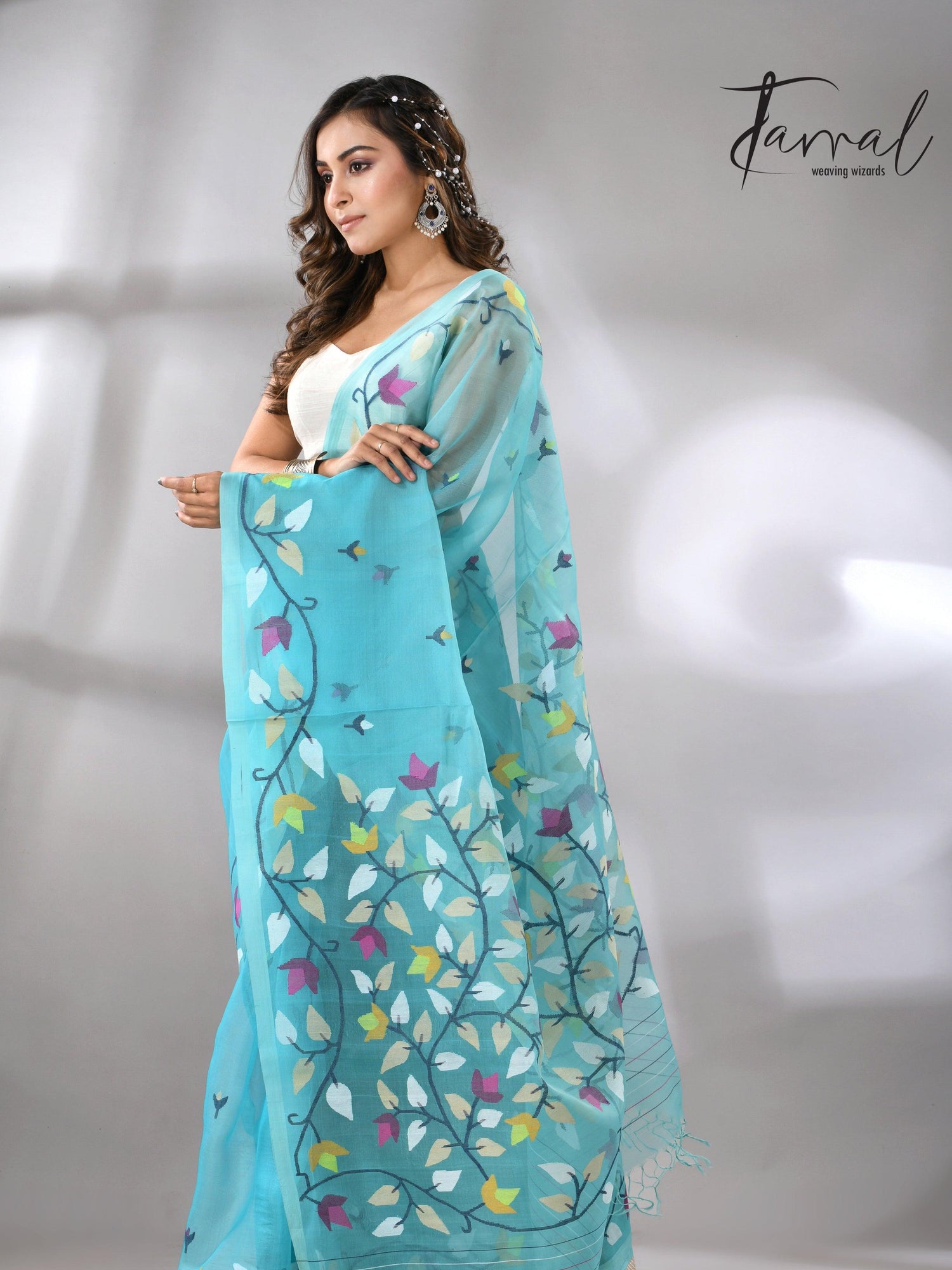 Sky Firoza with muslin silk floral handwoven jamdani saree full 6
