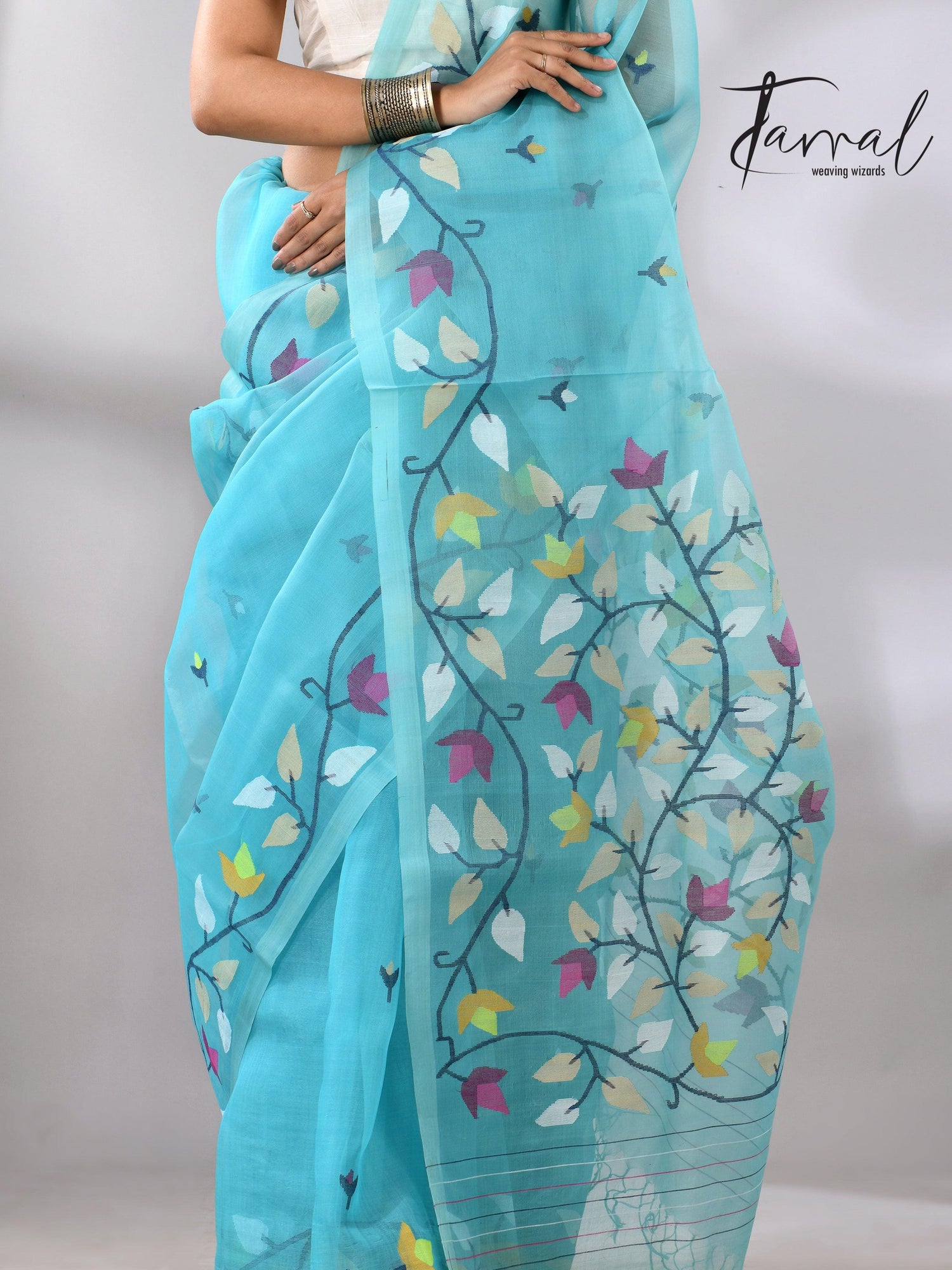 Sky Firoza with muslin silk floral handwoven jamdani saree full8