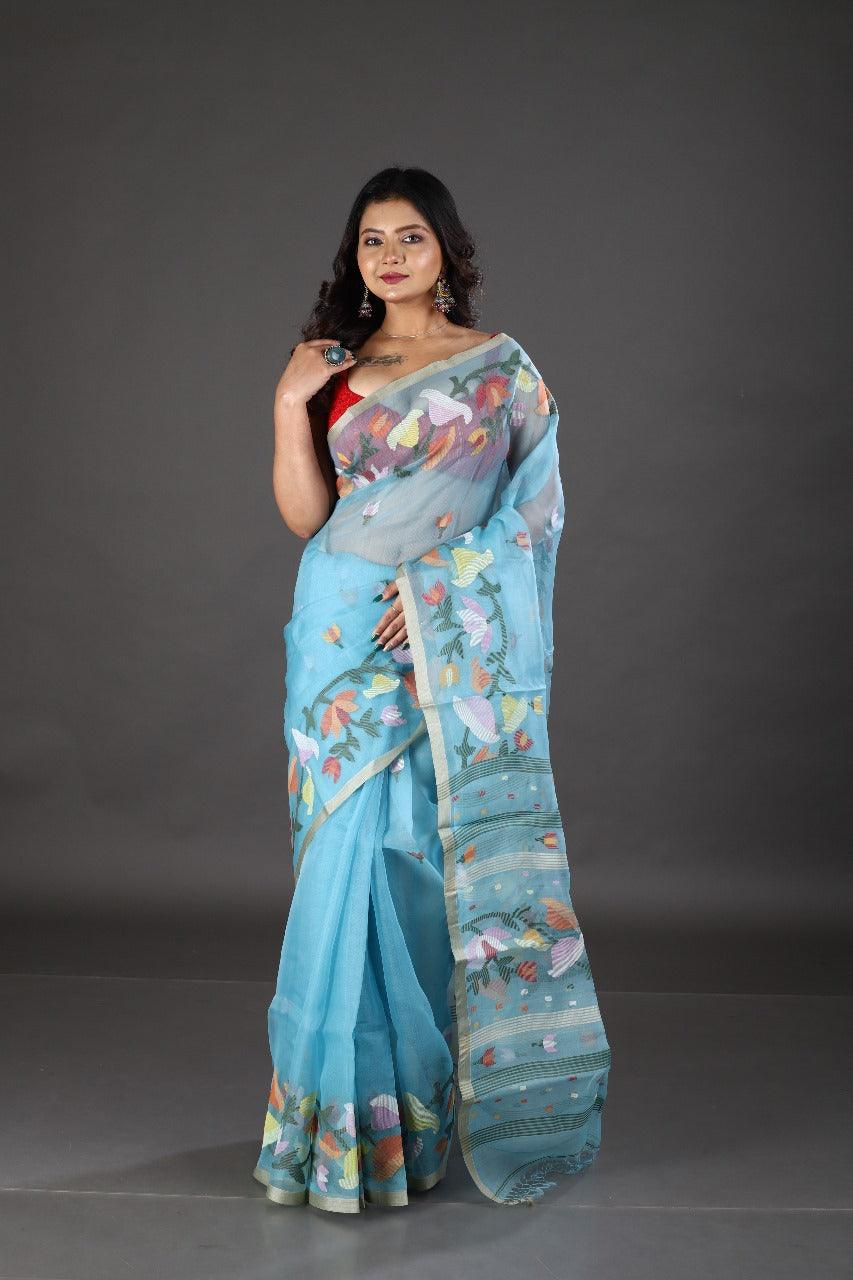 Sky blue with multicolour kalmilata floral handwoven muslin silk jamdani saree - Tamal Boutique