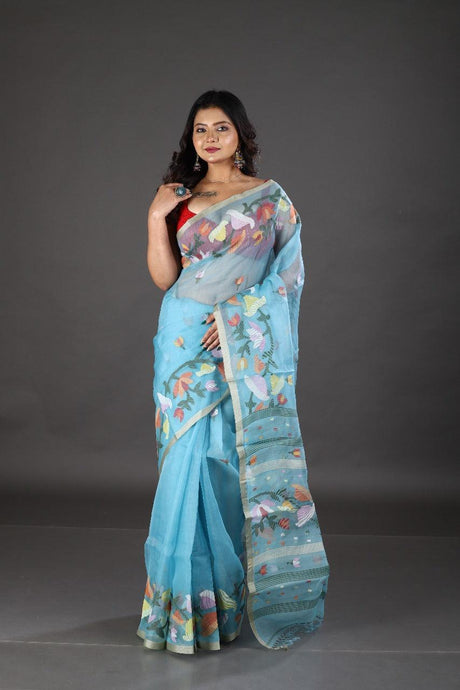 Sky blue with multicolour kalmilata floral handwoven muslin silk jamdani saree - Tamal Boutique