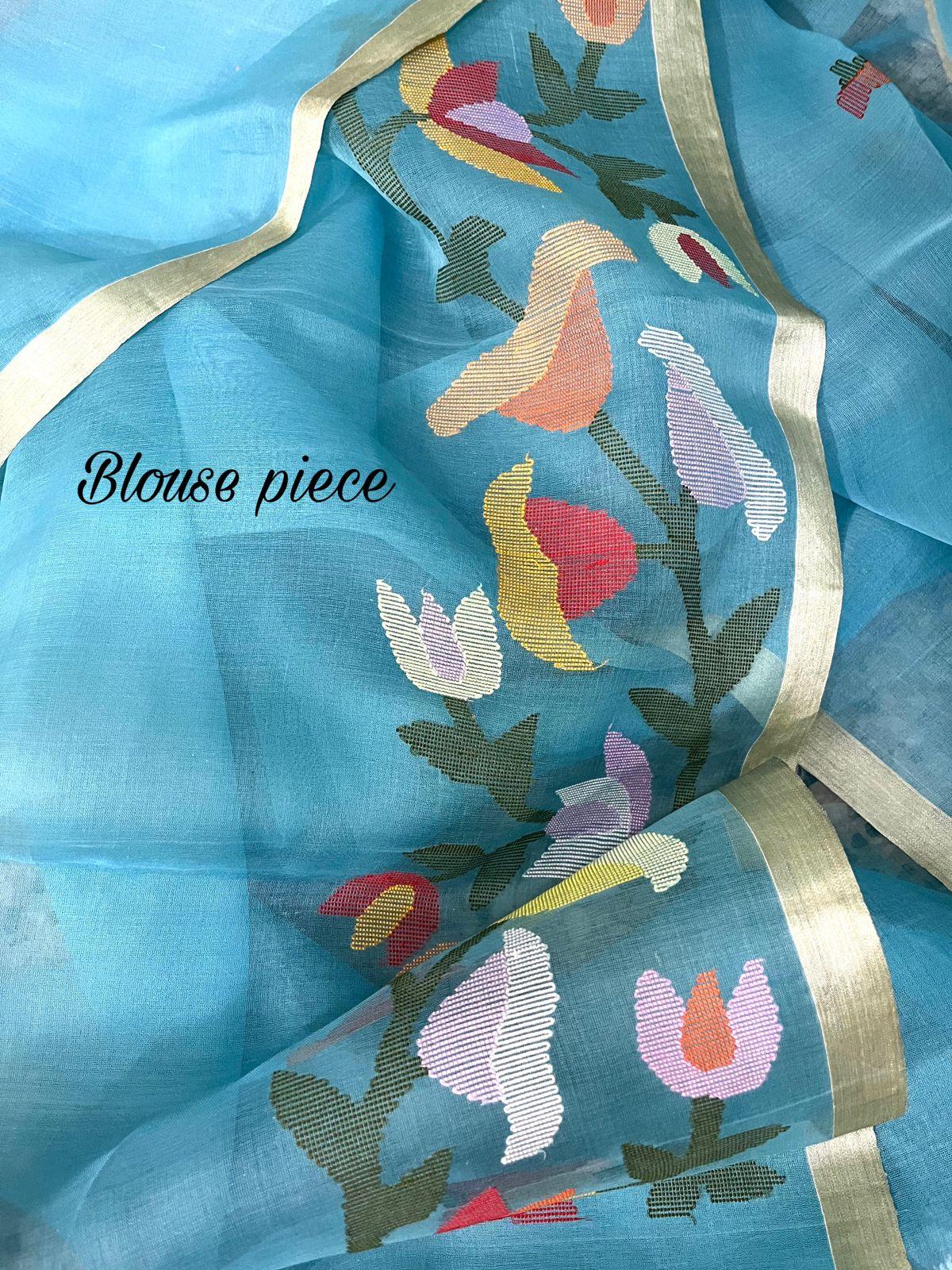 Sky blue with multicolour kalmilata floral handwoven muslin silk jamdani saree - Tamal Boutique