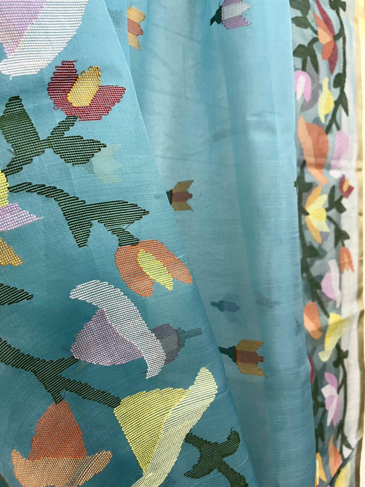 Sky blue with multicolour kalmilata floral handwoven muslin silk jamdani saree - Tamal Boutique