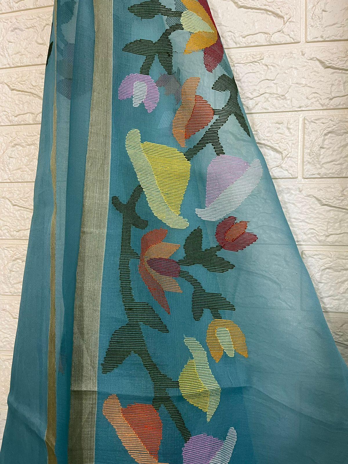 Sky blue with multicolour kalmilata floral handwoven muslin silk jamdani saree - Tamal Boutique