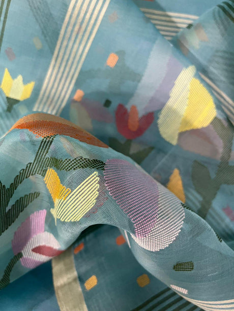 Sky blue with multicolour kalmilata floral handwoven muslin silk jamdani saree - Tamal Boutique
