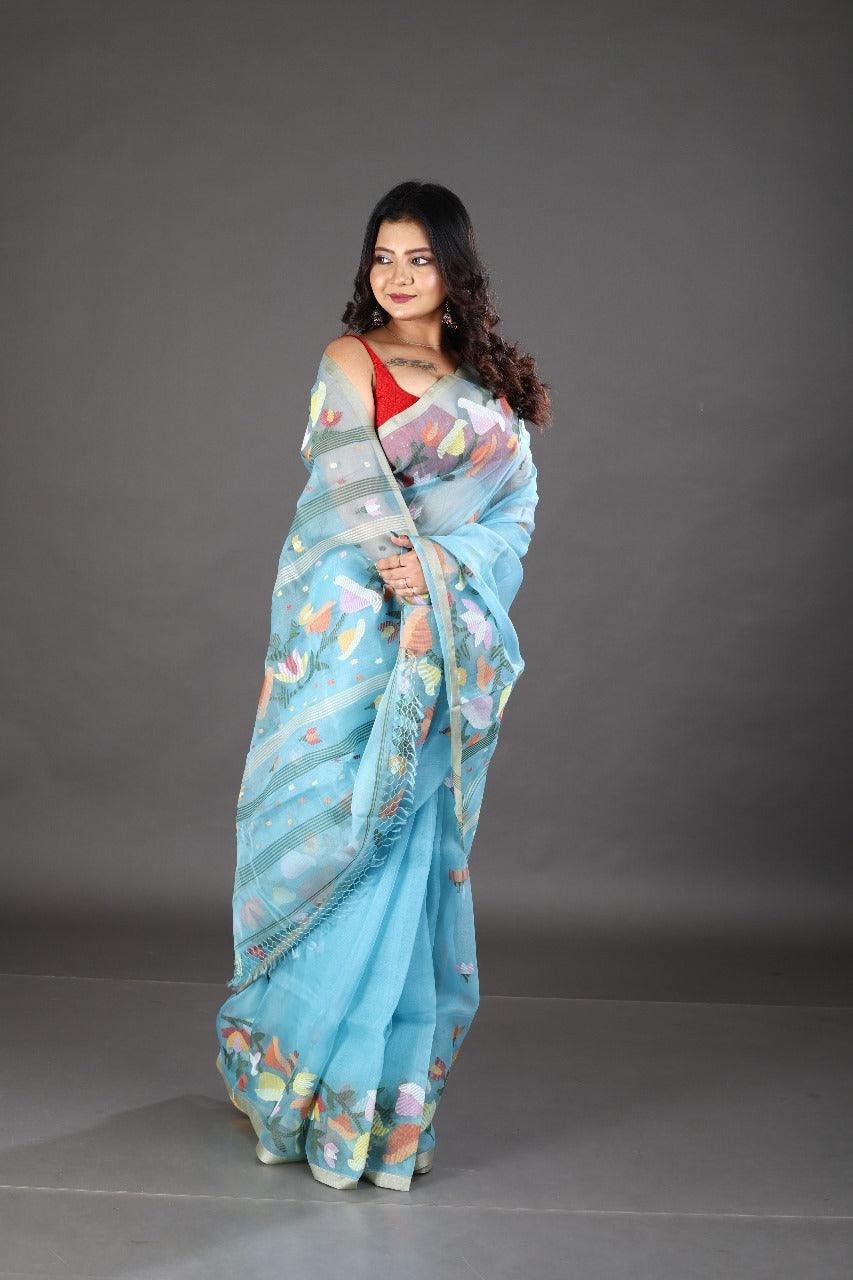 Sky blue with multicolour kalmilata floral handwoven muslin silk jamdani saree - Tamal Boutique