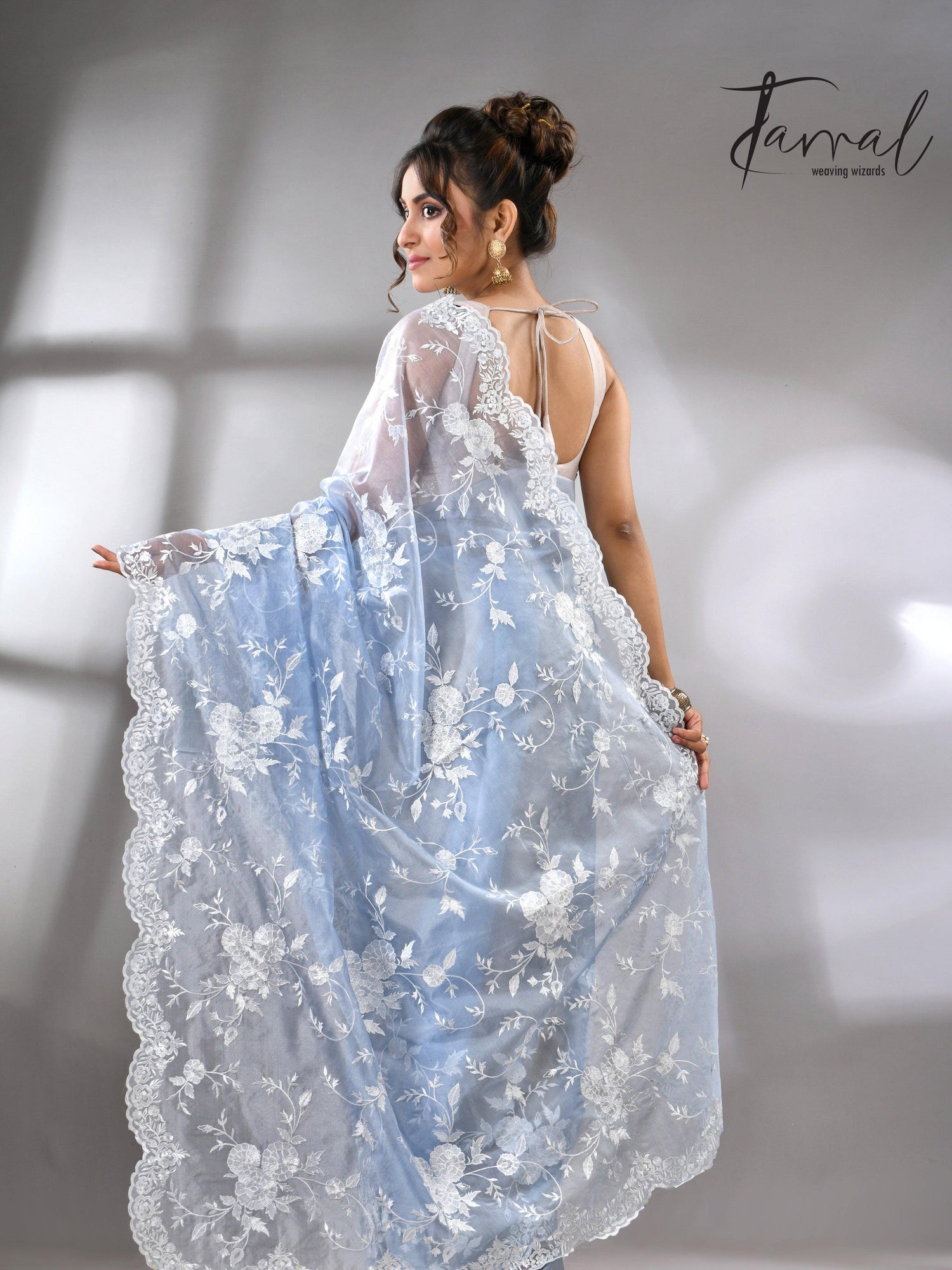 Sky blue organza embroidered handloom saree back