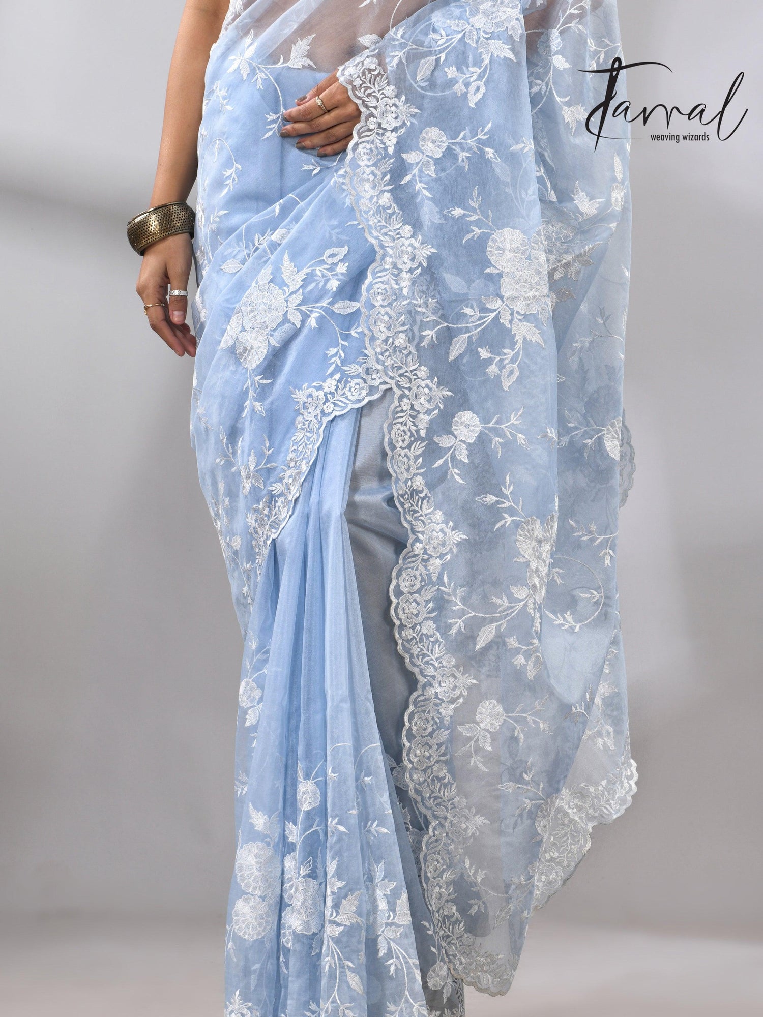 Sky blue organza embroidered handloom saree bottom