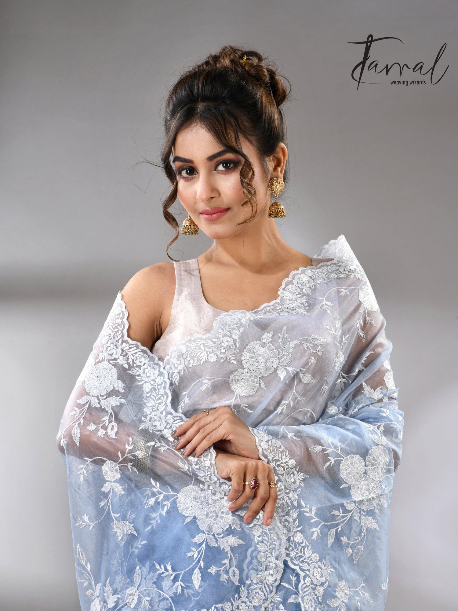 Sky blue organza embroidered handloom saree cls