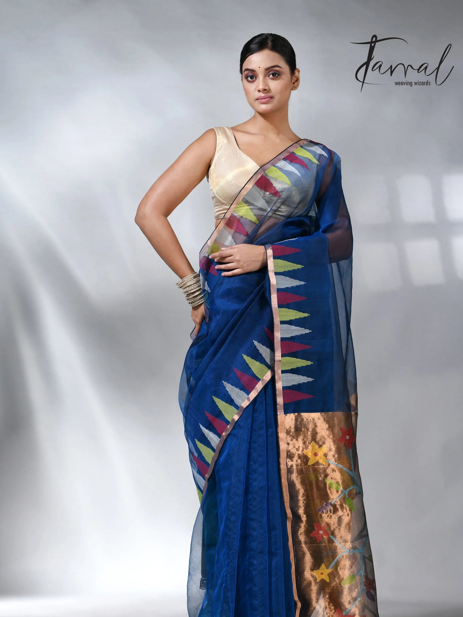 Sky blue parrot paithani muslin silk handwoven jamdani saree
