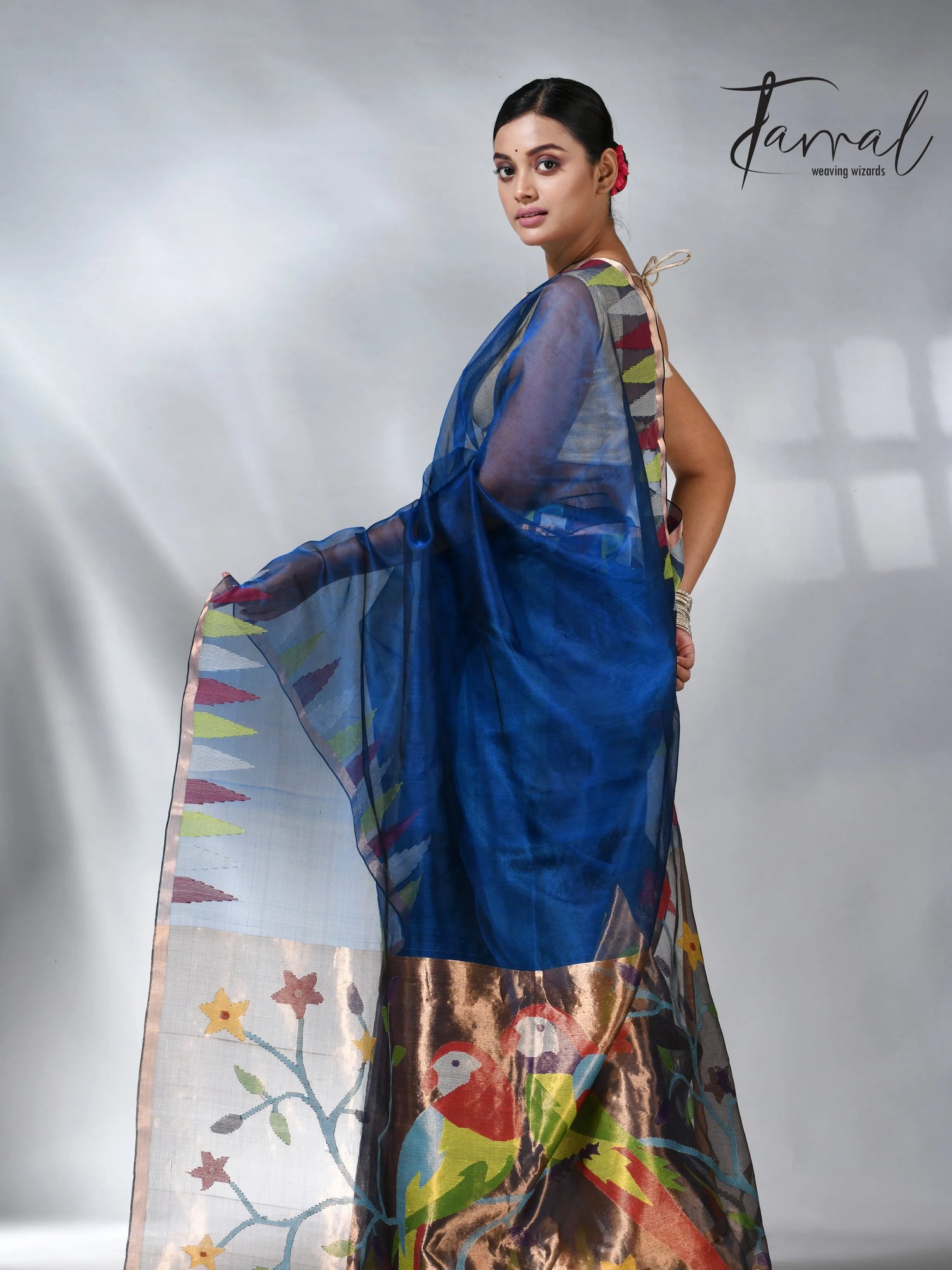 Sky blue parrot paithani muslin silk handwoven jamdani saree