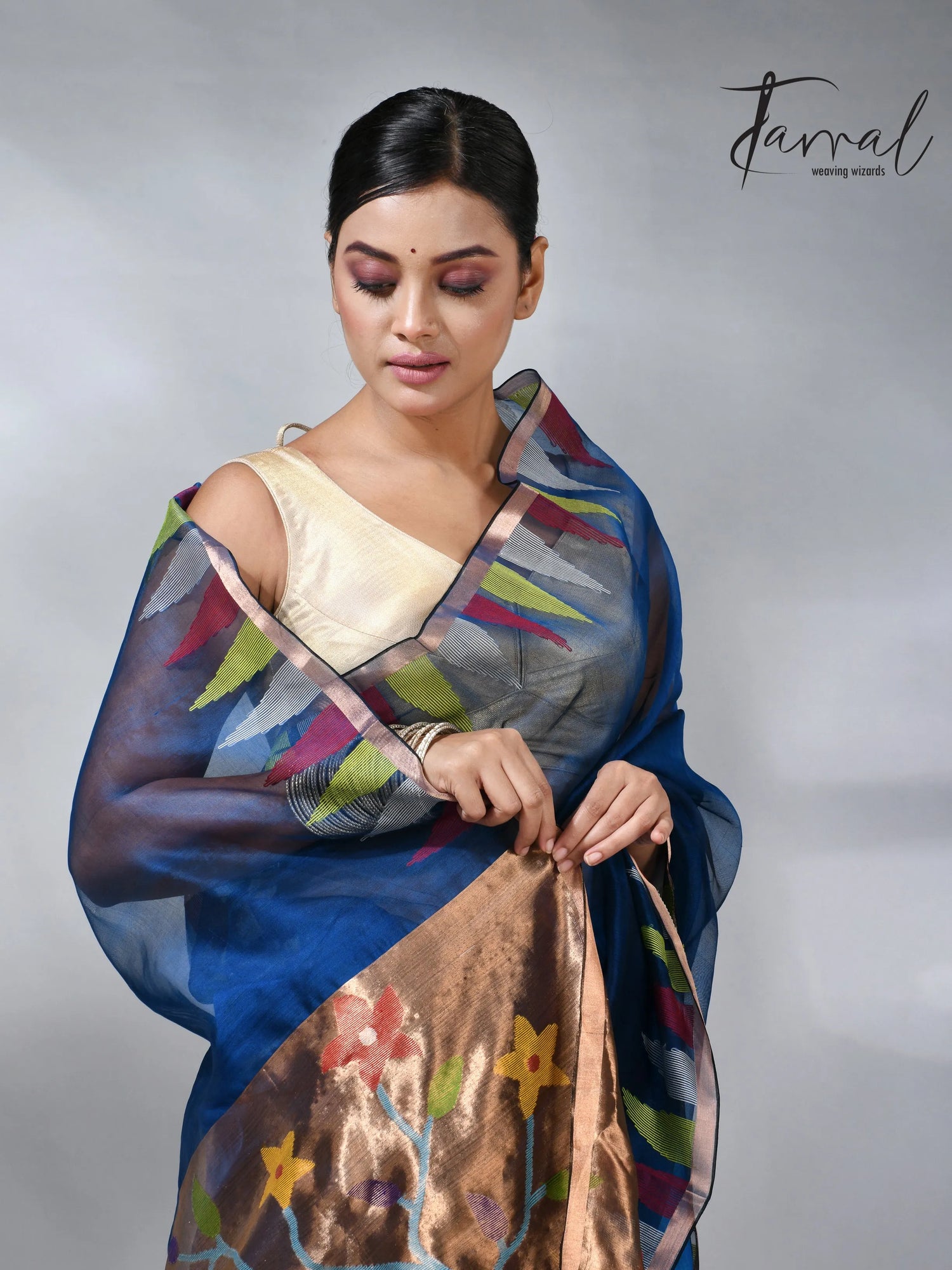 Sky blue parrot paithani muslin silk handwoven jamdani saree