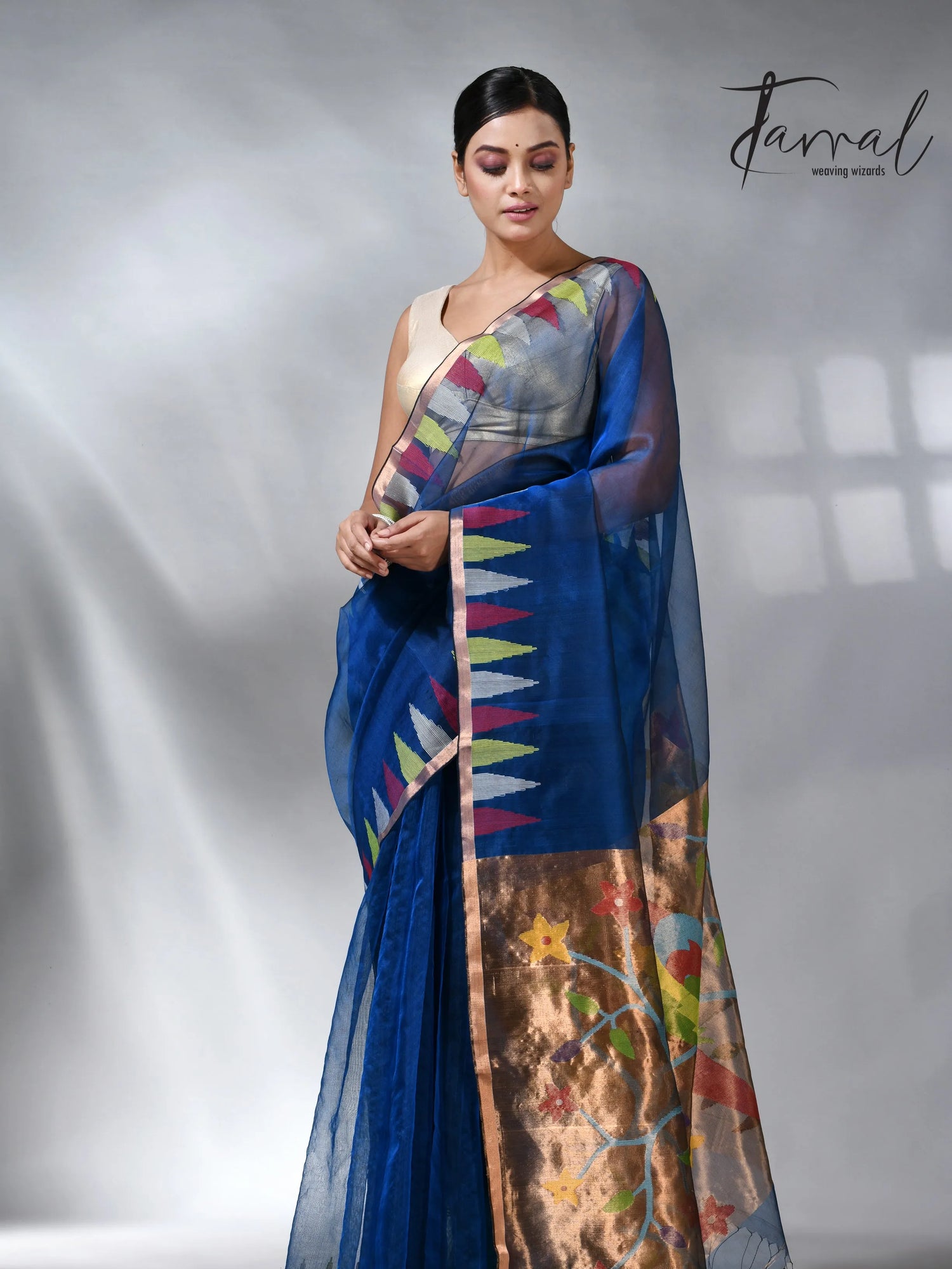Sky blue parrot paithani muslin silk handwoven jamdani saree