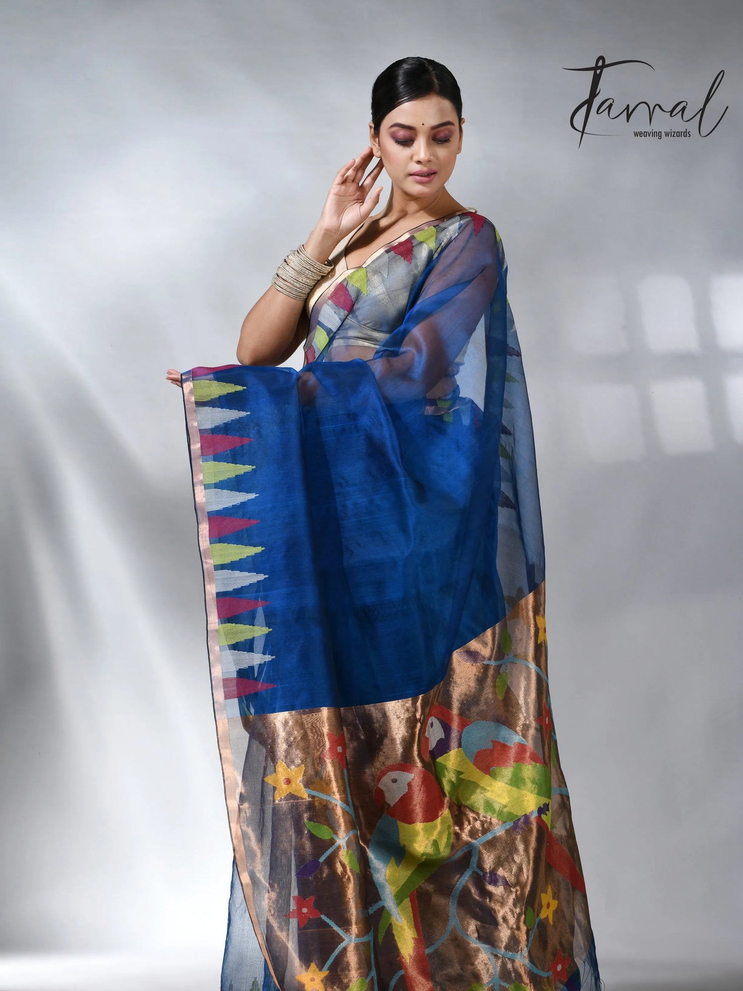 Sky blue parrot paithani muslin silk handwoven jamdani saree