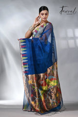 Sky blue parrot paithani muslin silk handwoven jamdani saree