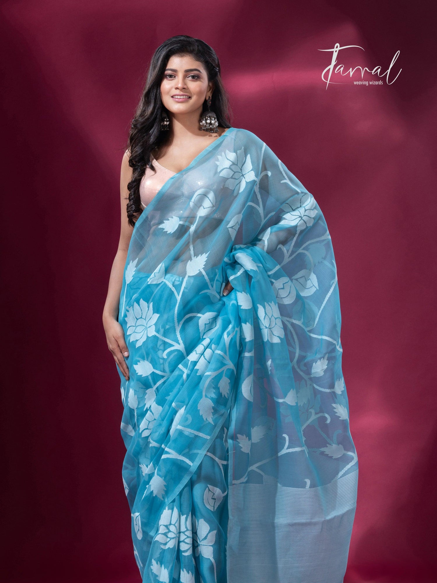 Sky blue with allover rose motifs handwoven jamdani saree