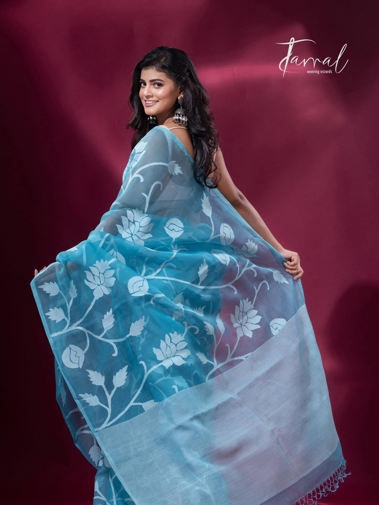 Sky blue with allover rose motifs handwoven jamdani saree back