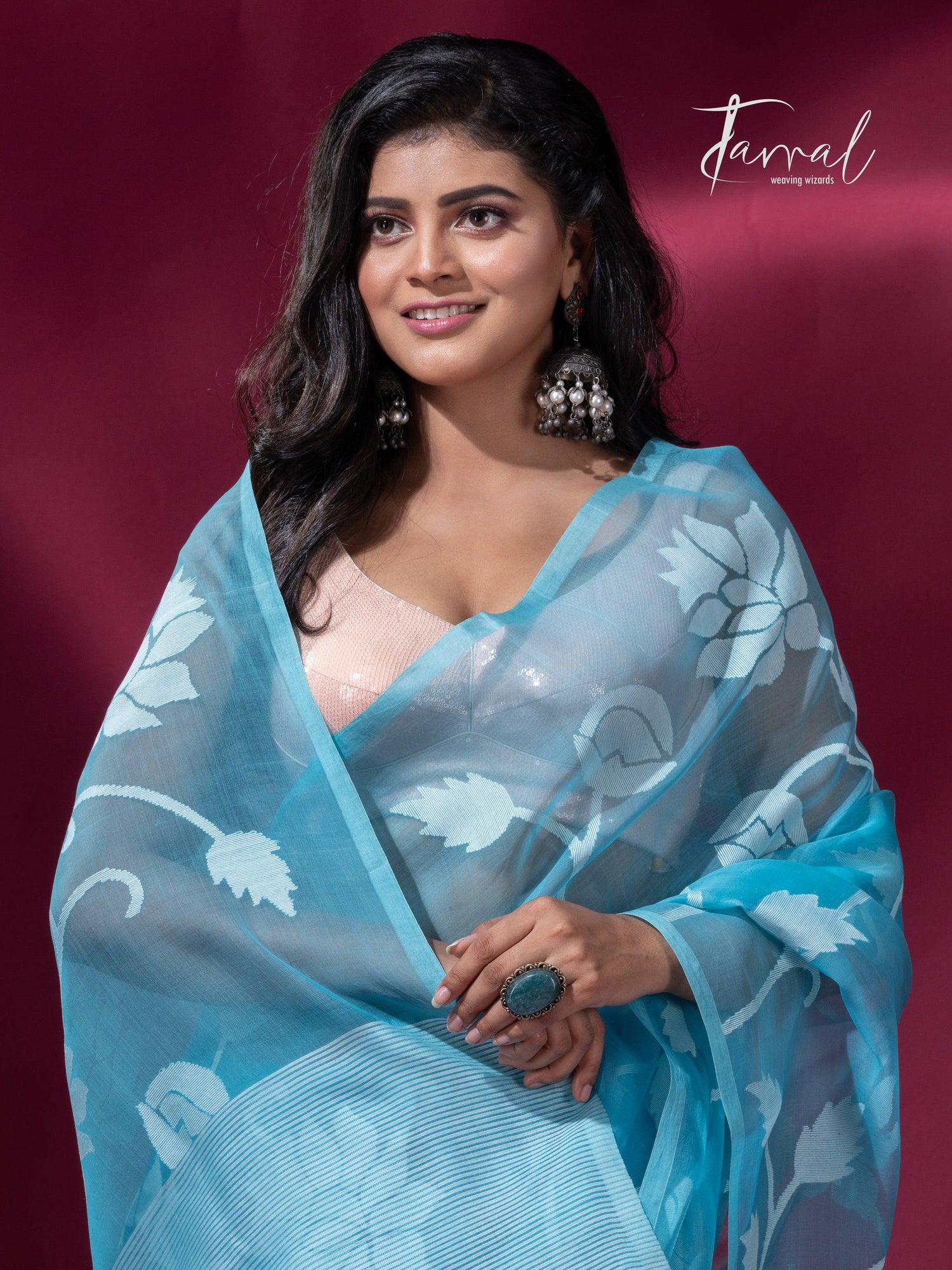 Sky blue with allover rose motifs handwoven jamdani saree cls