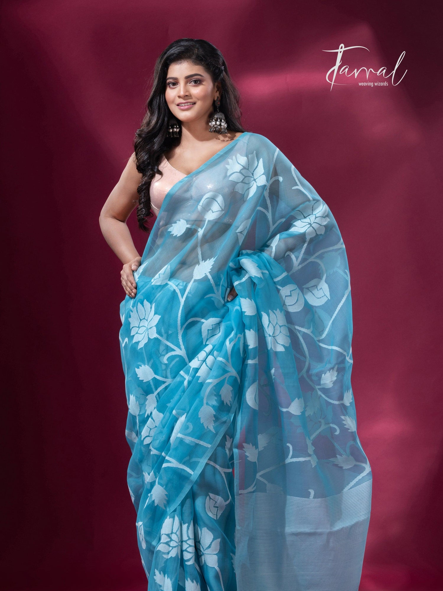 Sky blue with allover rose motifs handwoven jamdani saree full