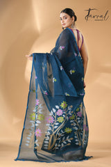 Steel Blue Floral Muslin Silk Handwoven Jamdani Saree Back