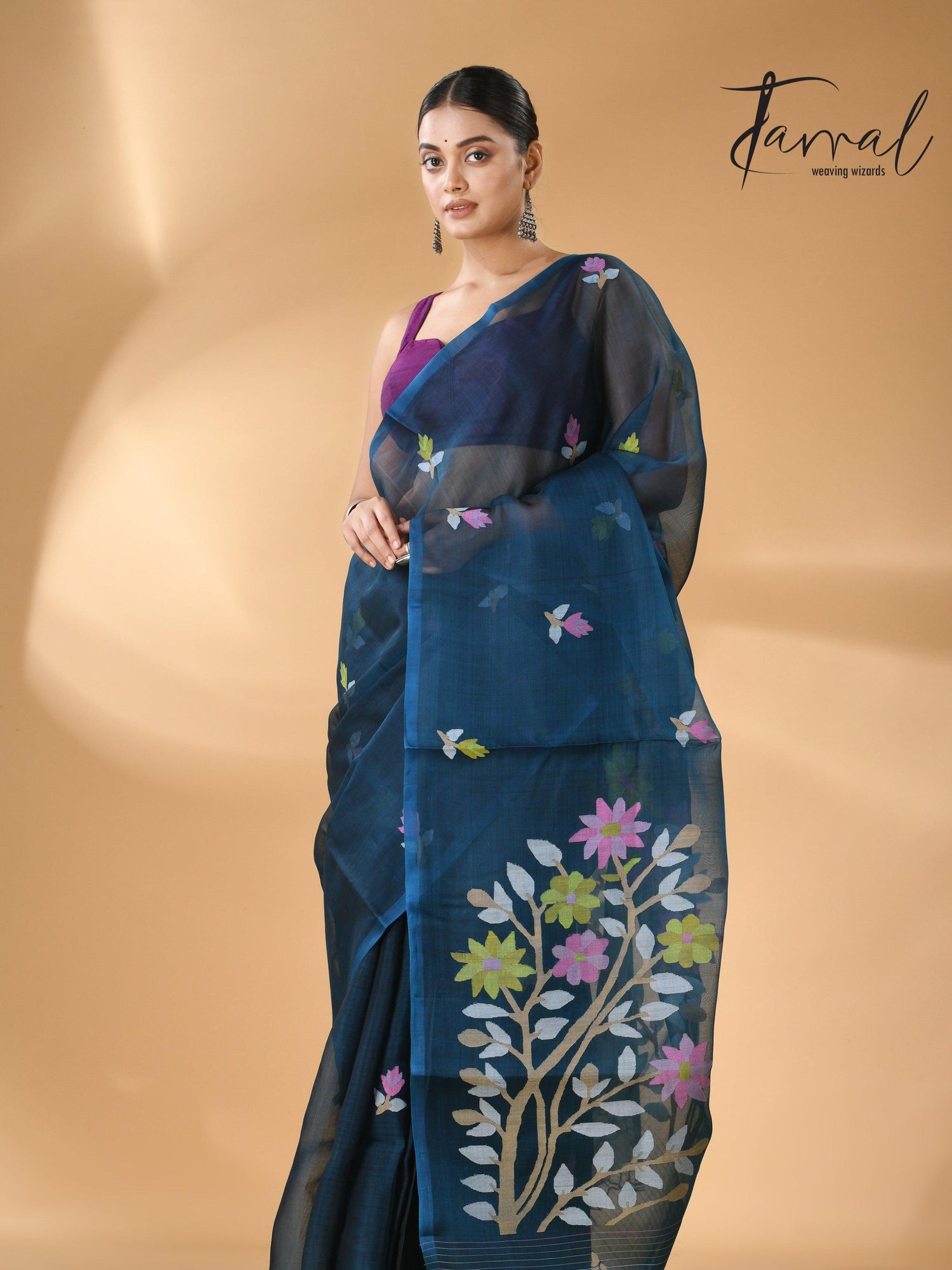 Steel Blue Floral Muslin Silk Handwoven Jamdani Saree full