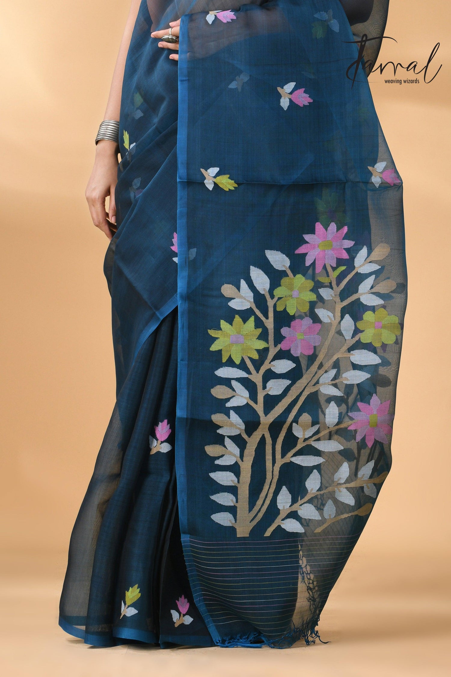 Steel Blue Floral Muslin Silk Handwoven Jamdani Saree Bottom