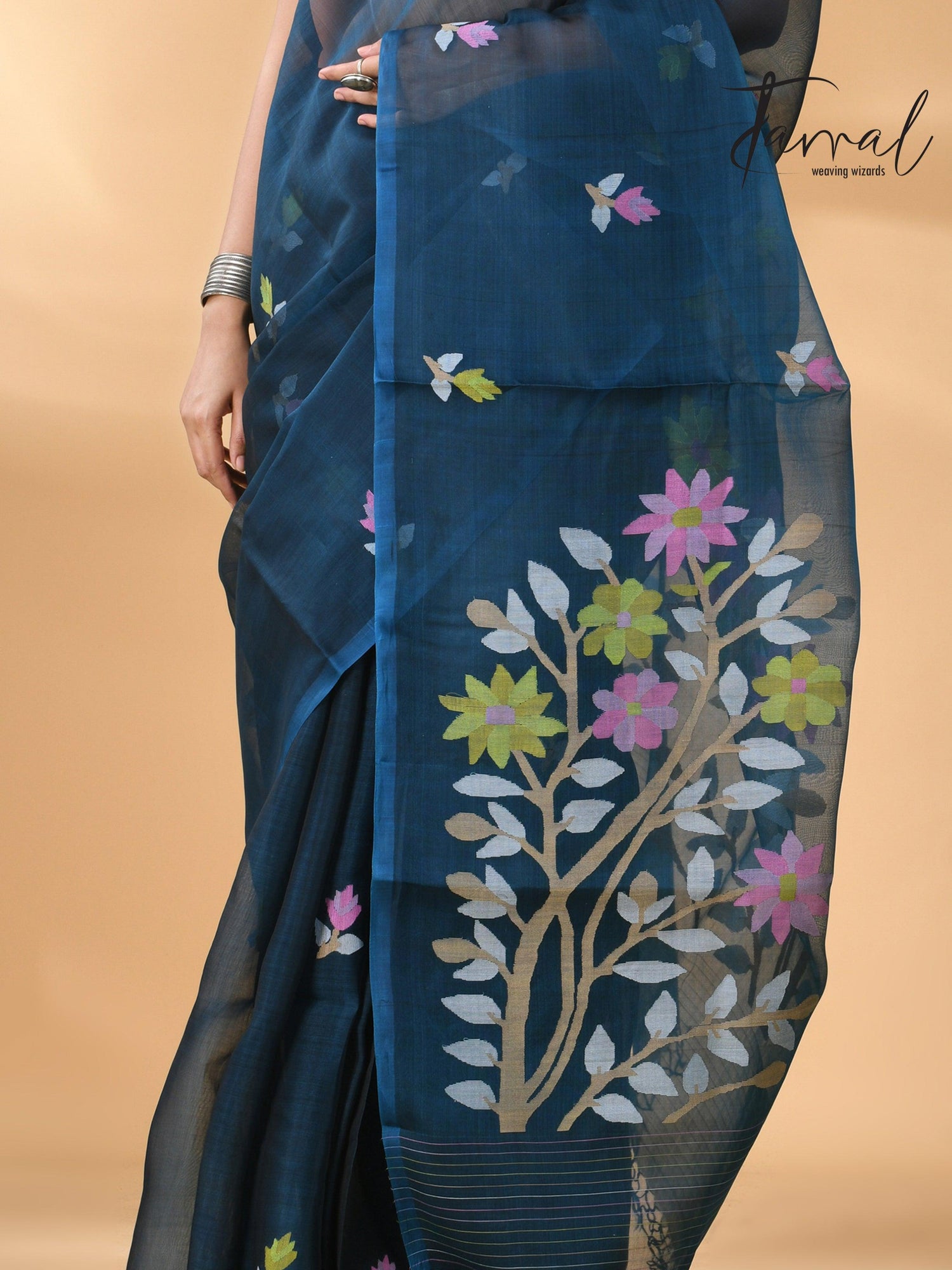 Steel Blue Floral Muslin Silk Handwoven Jamdani Saree Bottom