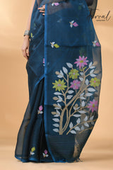 Steel Blue Floral Muslin Silk Handwoven Jamdani Saree Bottom