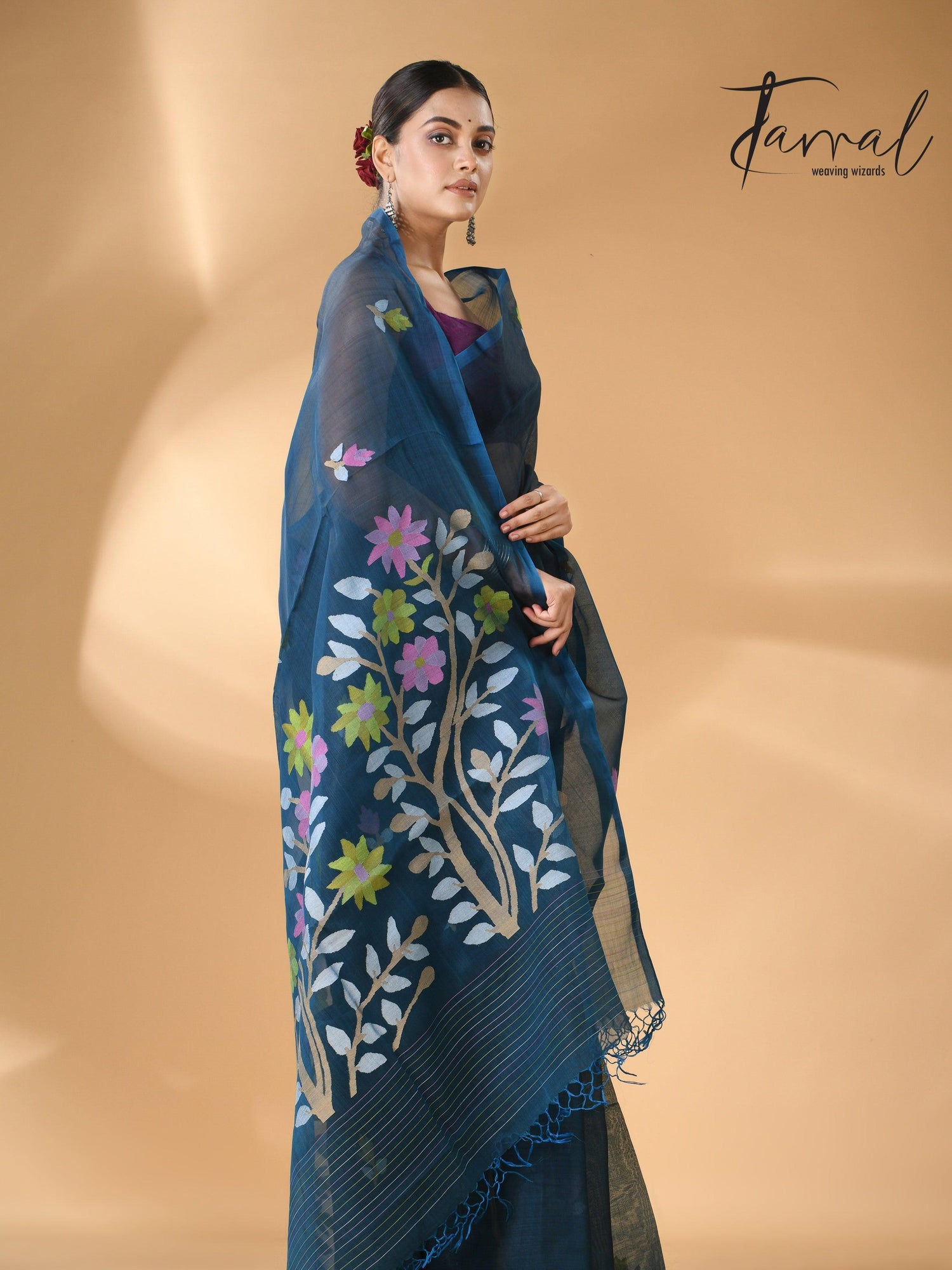 Steel Blue Floral Muslin Silk Handwoven Jamdani Saree right