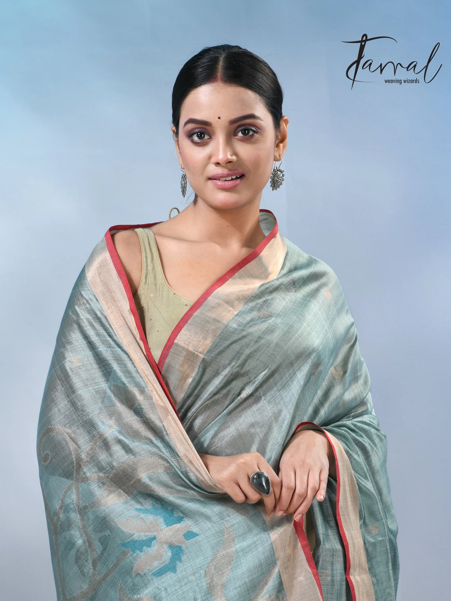 Steel blue with zari bangalore silk handwoven jamdani saree