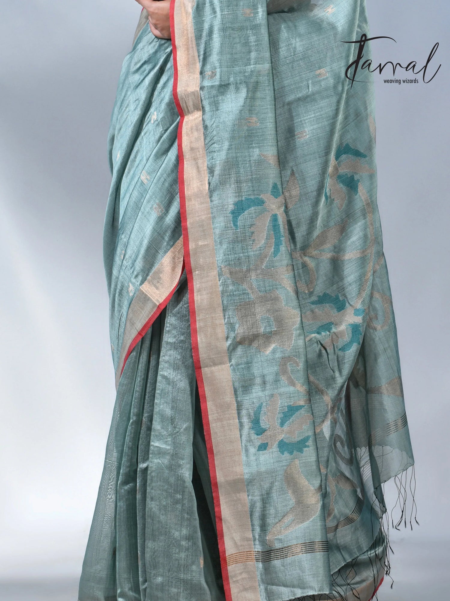 Steel blue with zari bangalore silk handwoven jamdani saree