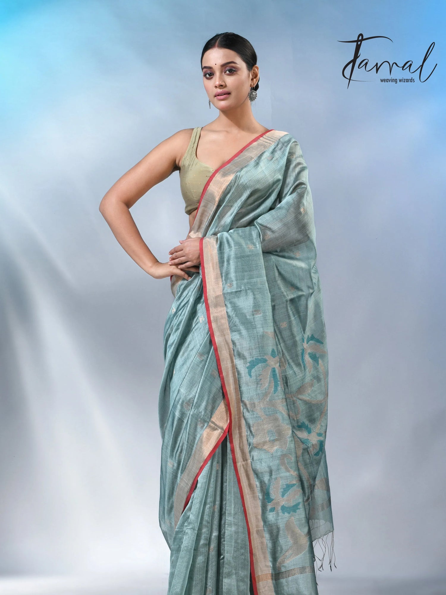 Steel blue with zari bangalore silk handwoven jamdani saree