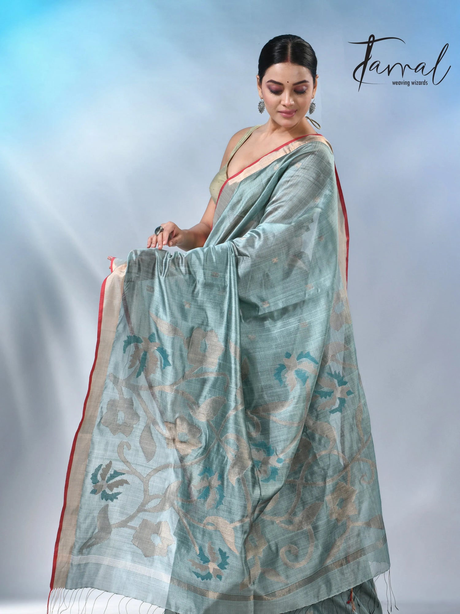 Steel blue with zari bangalore silk handwoven jamdani saree