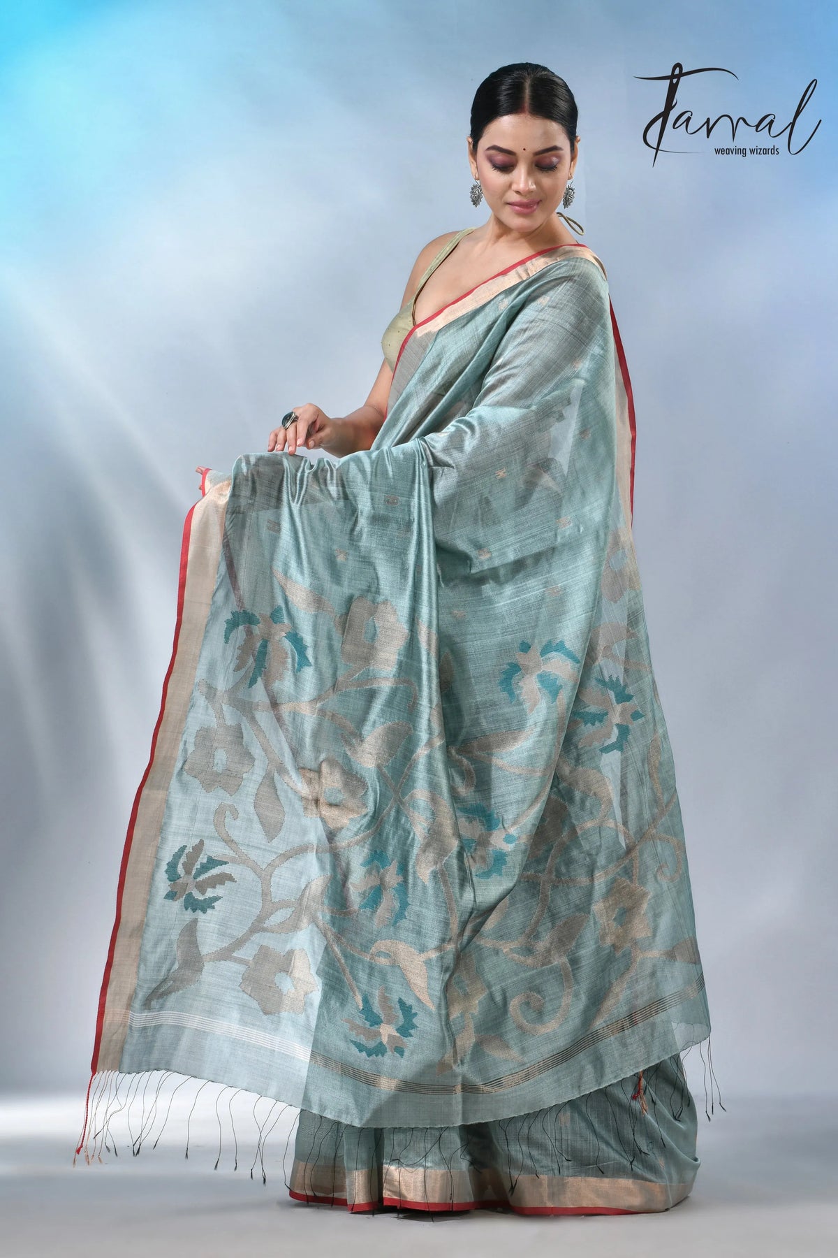 Steel blue with zari bangalore silk handwoven jamdani saree