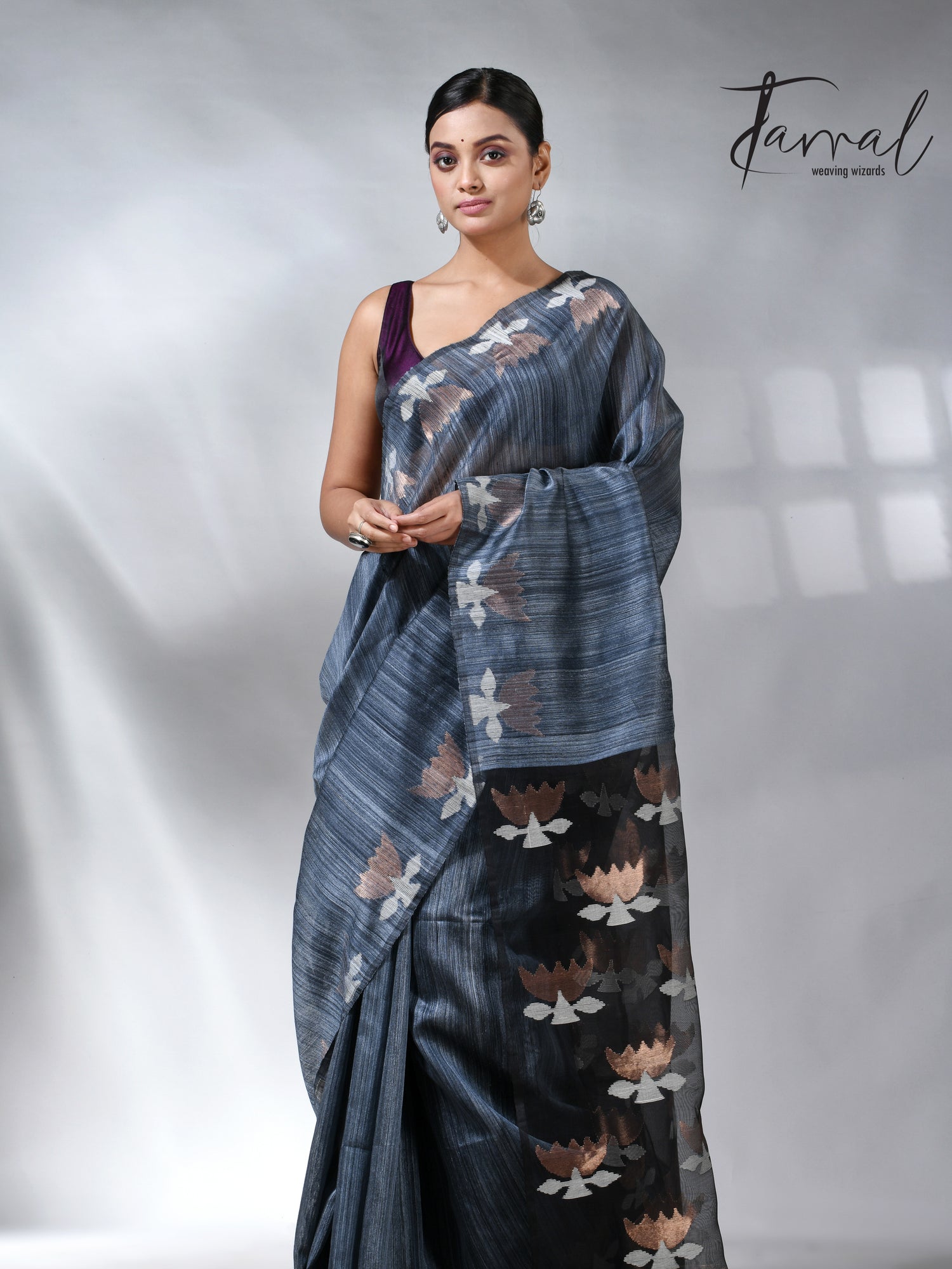 Steel grey color with lotus matka silk handwoven jamdani saree