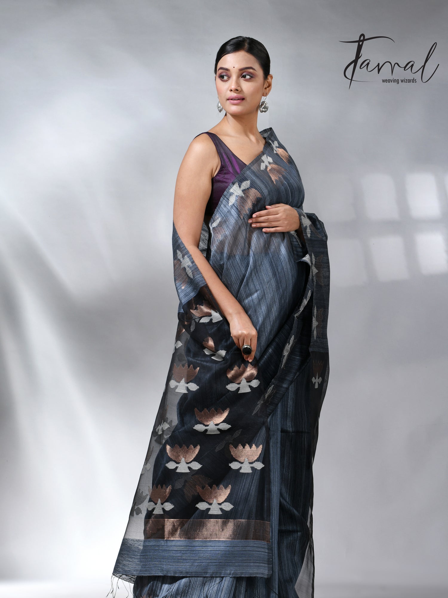 Steel grey color with lotus matka silk handwoven jamdani saree