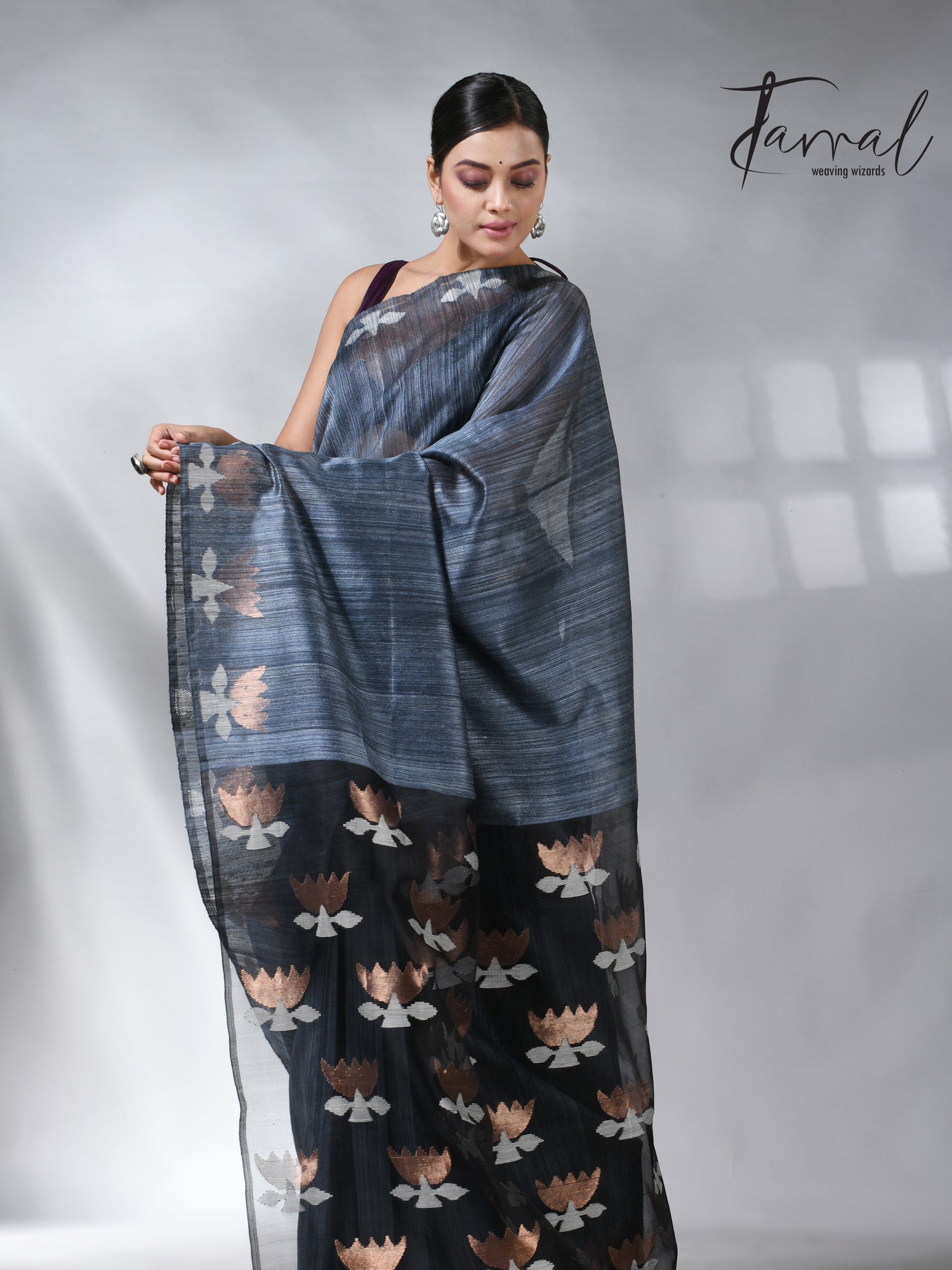 Steel grey color with lotus matka silk handwoven jamdani saree