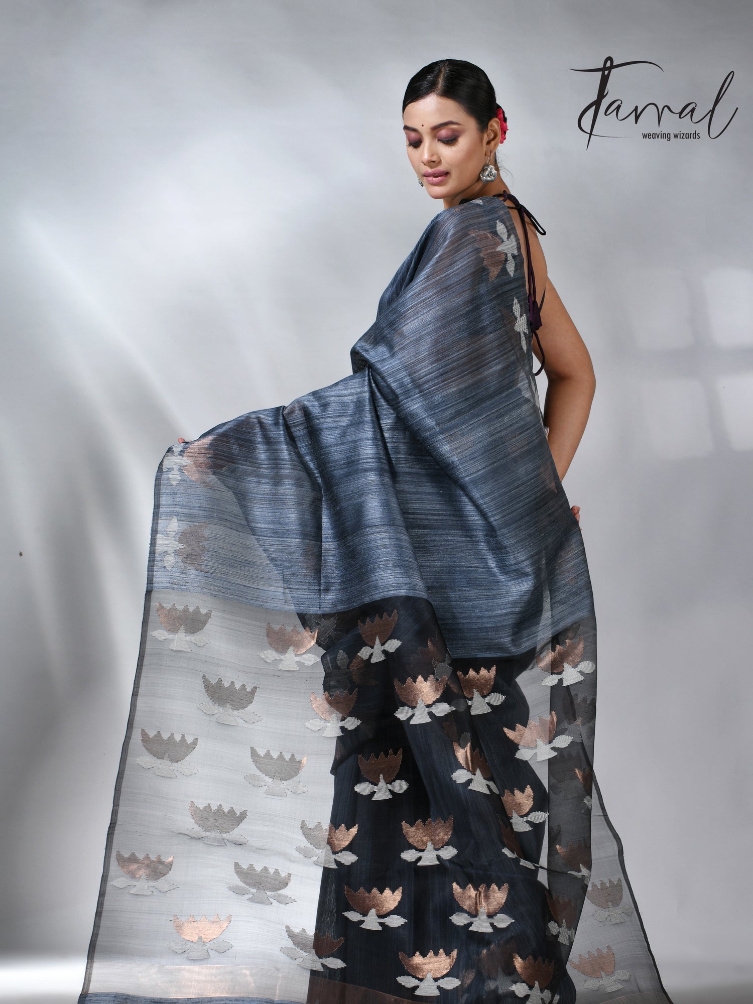 Steel grey color with lotus matka silk handwoven jamdani saree