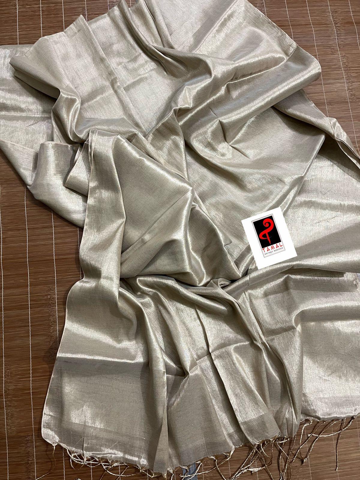Still grey tissue handloom saree - Tamal Boutique
