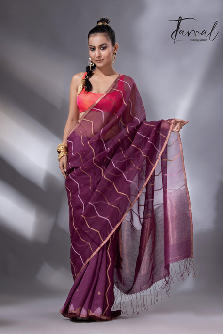 Strawberry mist half silk half linen handwoven jamdani saree - Tamal Boutique