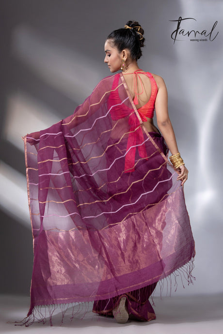 Strawberry mist half silk half linen handwoven jamdani saree - Tamal Boutique