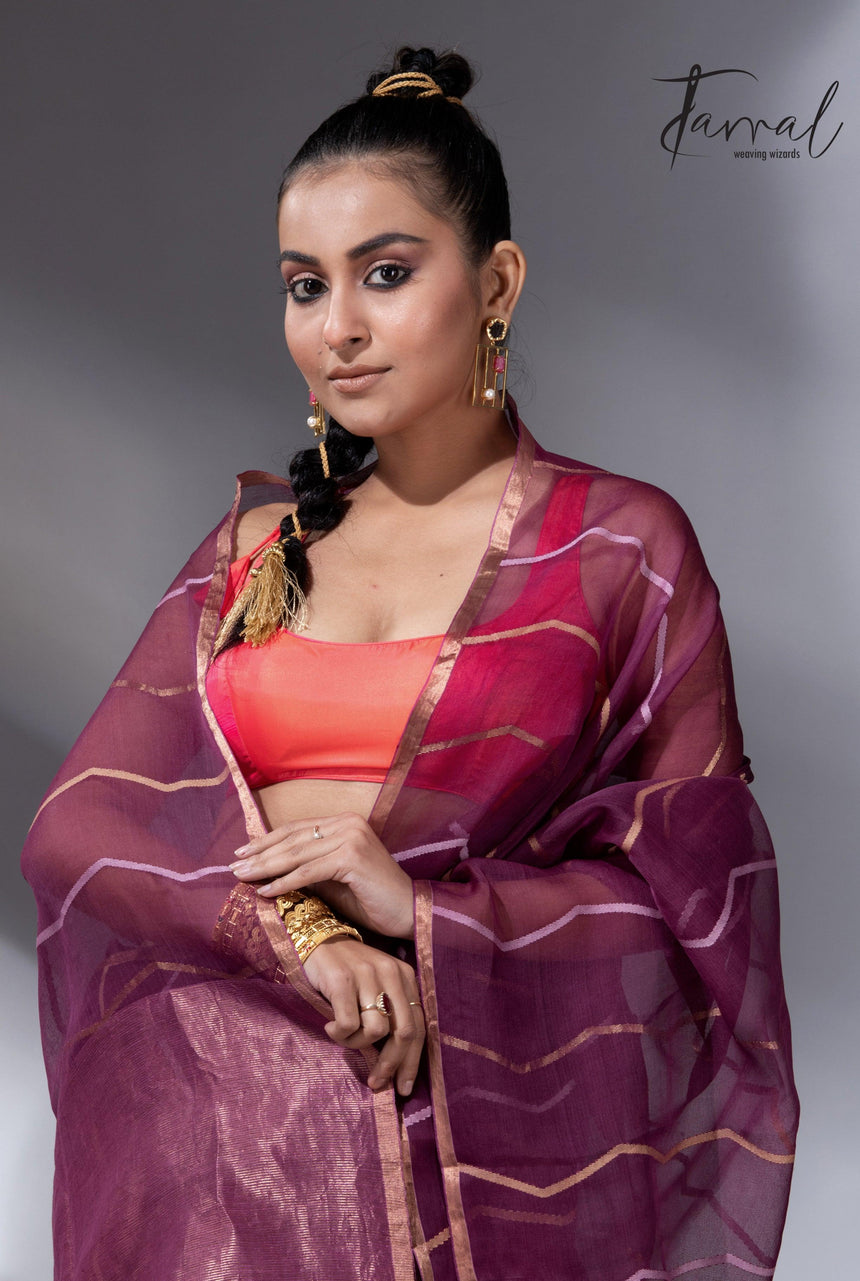Strawberry mist half silk half linen handwoven jamdani saree - Tamal Boutique